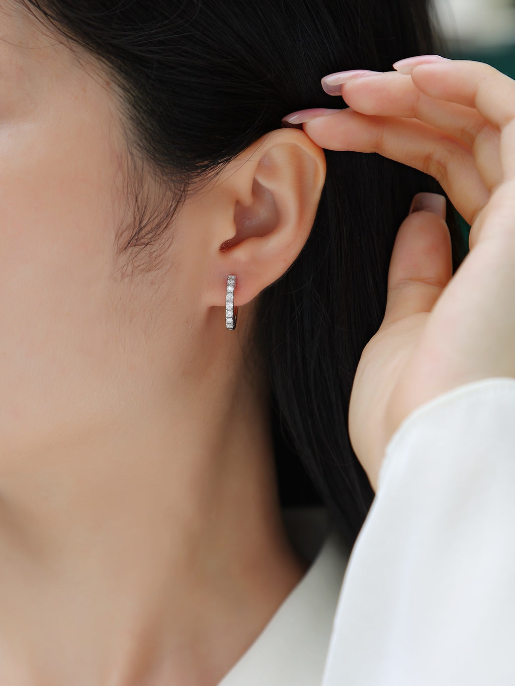 Trace Moissanite Huggie Hoop Earrings in Sterling Silver