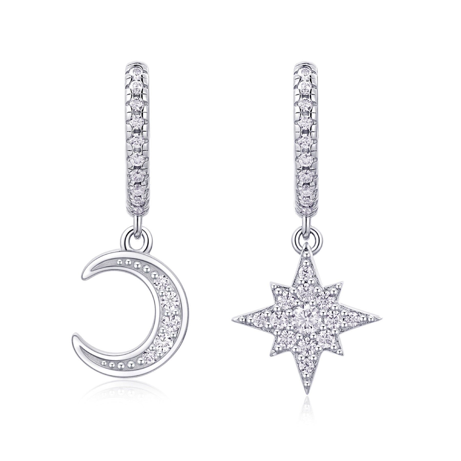Astoria Moissanite Moon and Star Drop Earrings in Sterling Silver