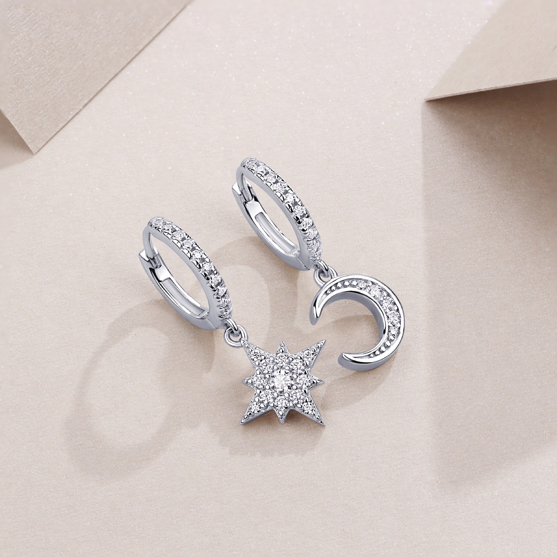 Astoria Moissanite Moon and Star Drop Earrings in Sterling Silver