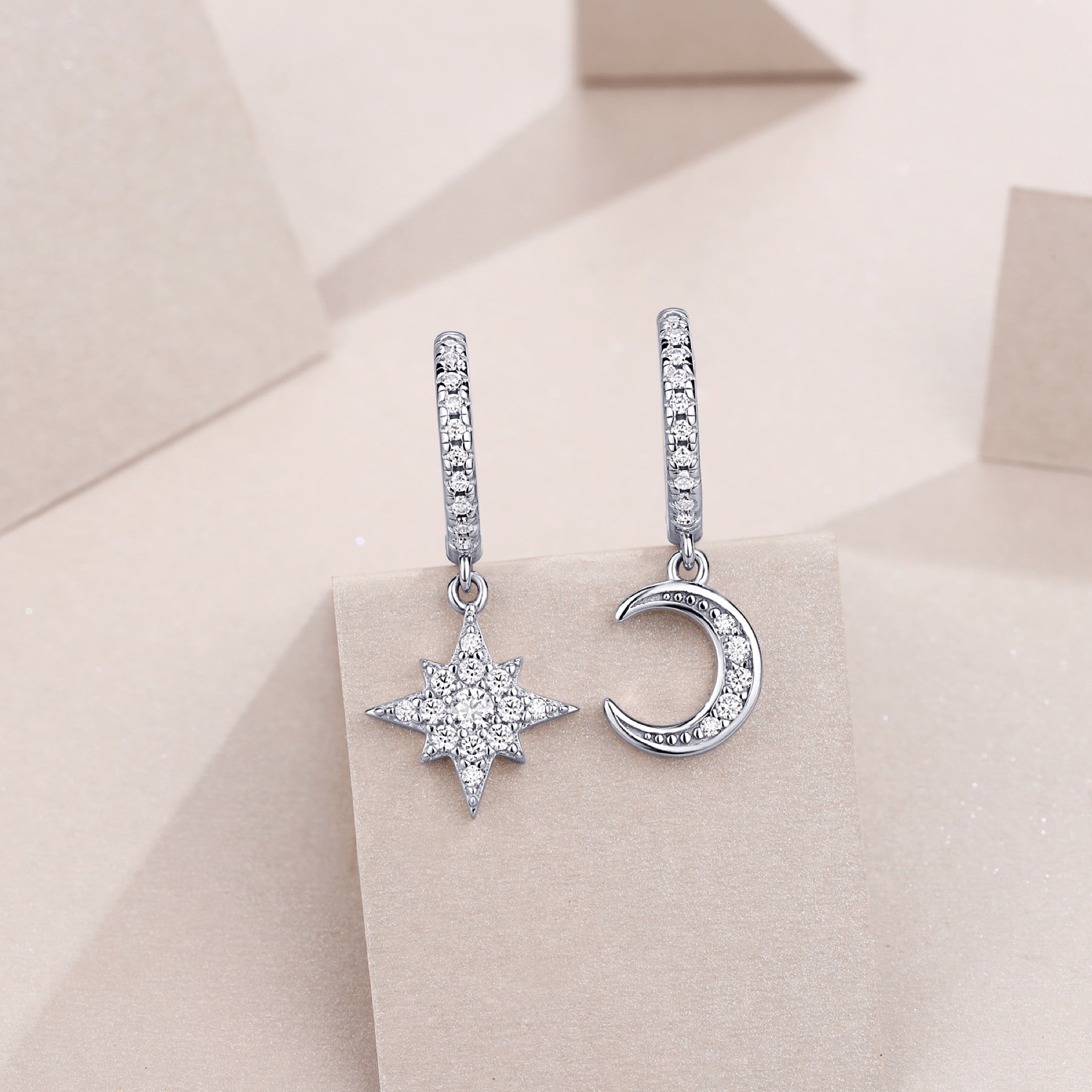 Astoria Moissanite Moon and Star Drop Earrings in Sterling Silver