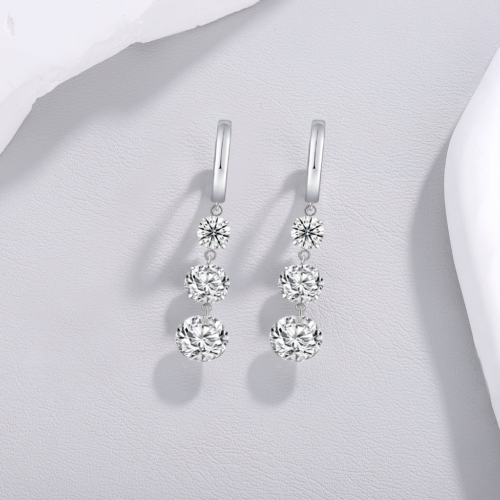 Triplet Moissanite Three-Stone Drop Earrings in Sterling Silver