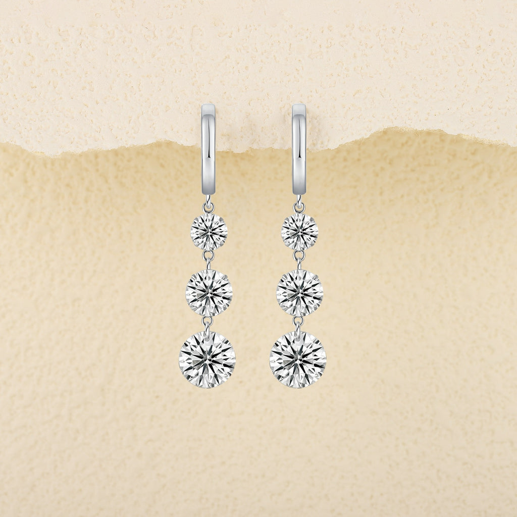Triplet Moissanite Three-Stone Drop Earrings in Sterling Silver