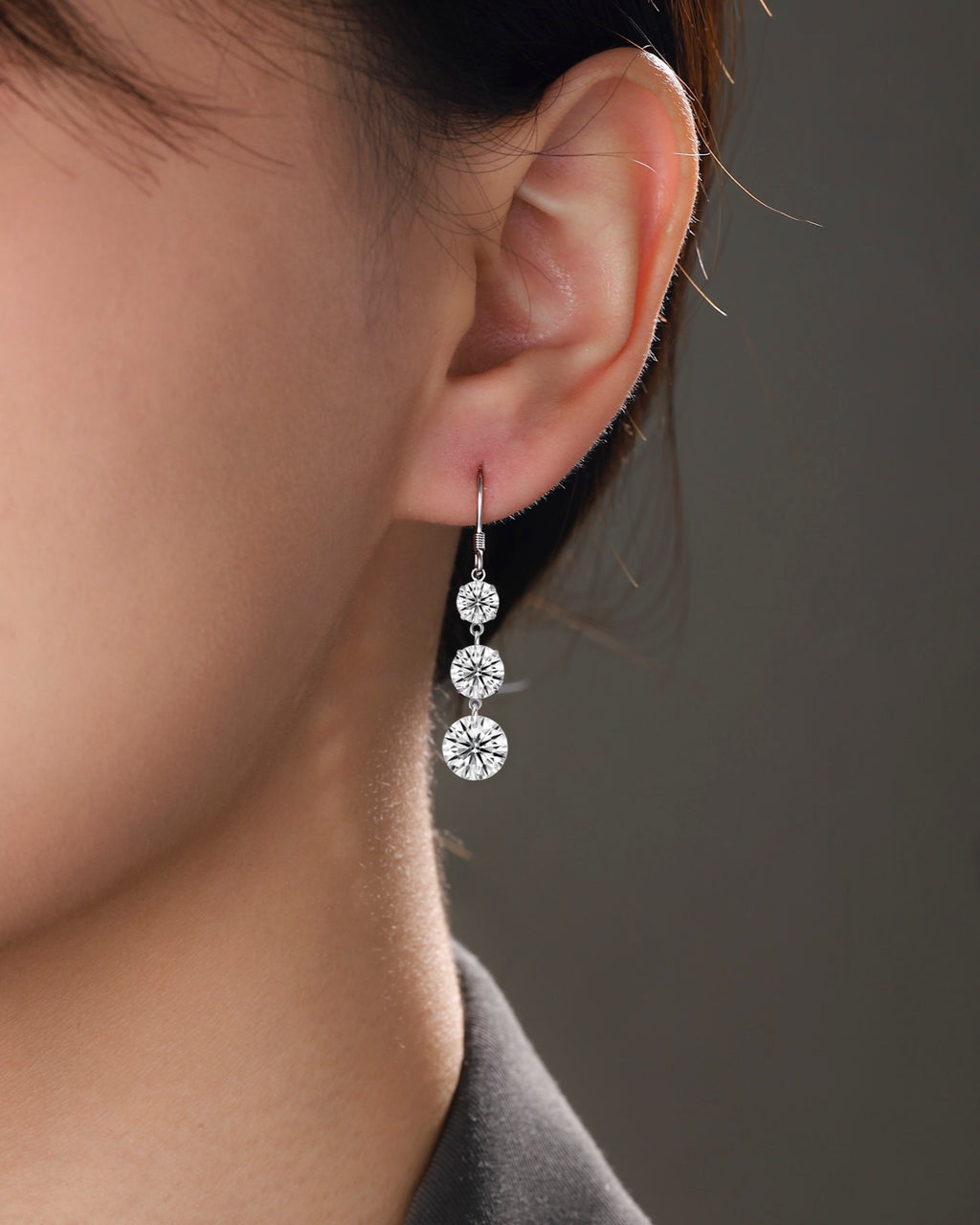 Tiered Moissanite Three-Stone Drop Earrings in Sterling Silver