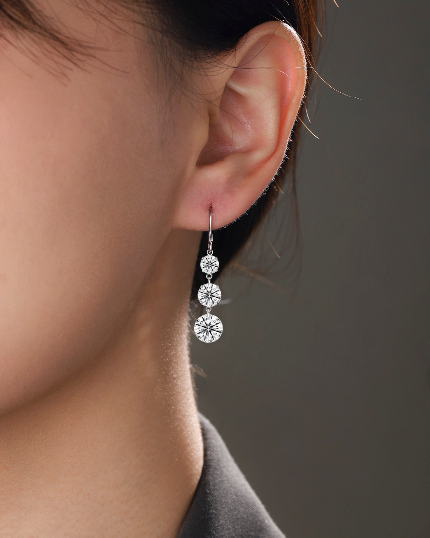 Tiered Moissanite Three-Stone Drop Earrings in Sterling Silver