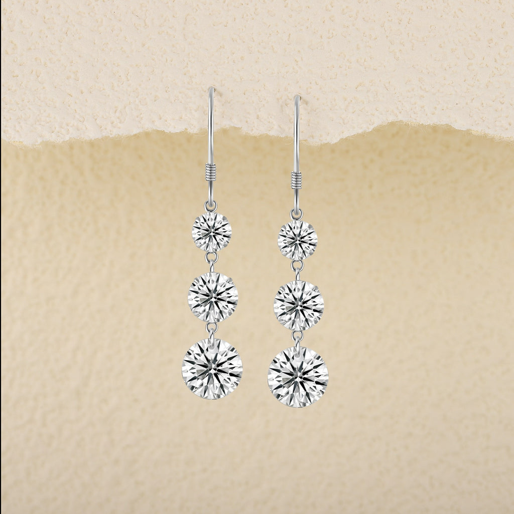 Tiered Moissanite Three-Stone Drop Earrings in Sterling Silver