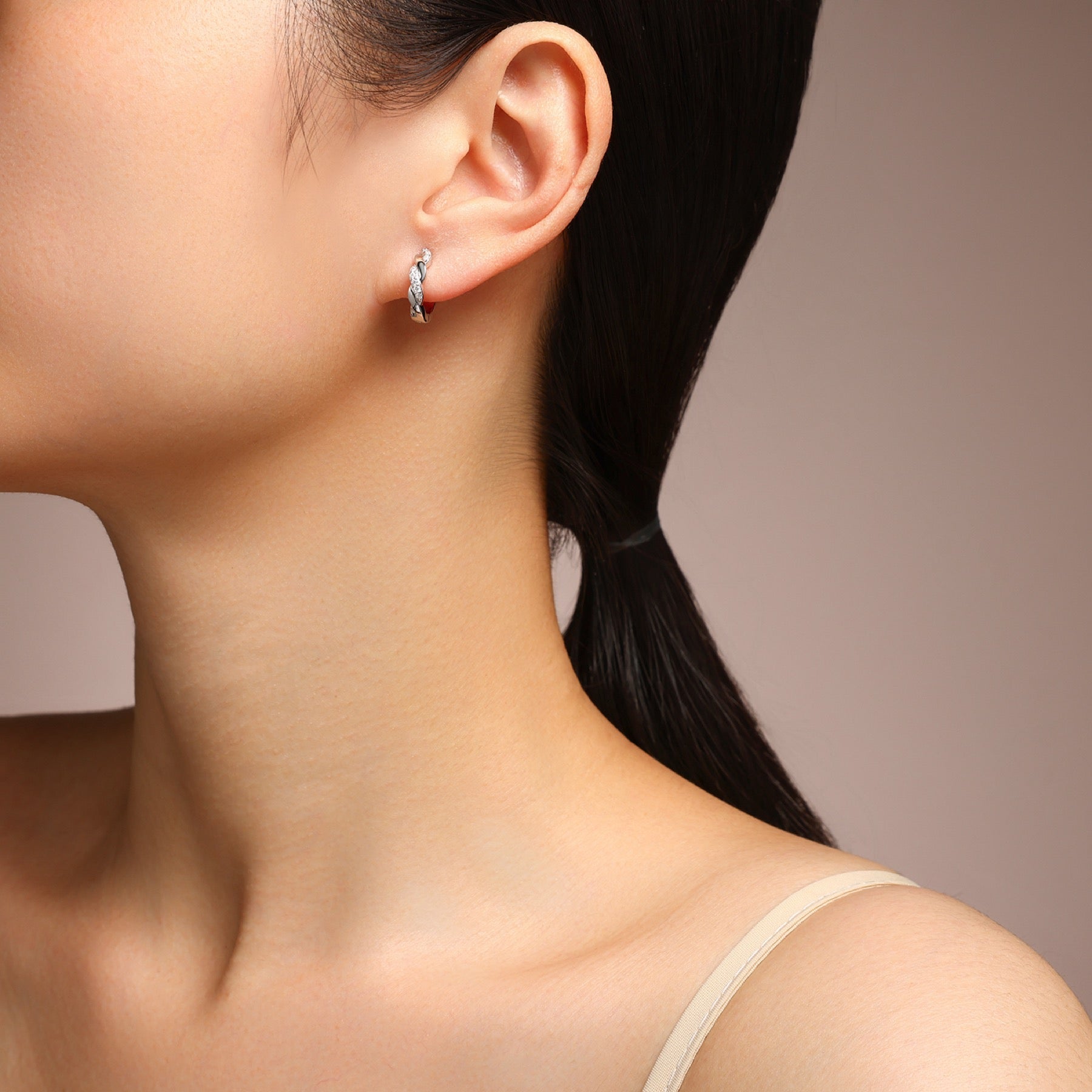 Torsade Moissanite Twisted Huggie Hoop Earrings in Sterling Silver