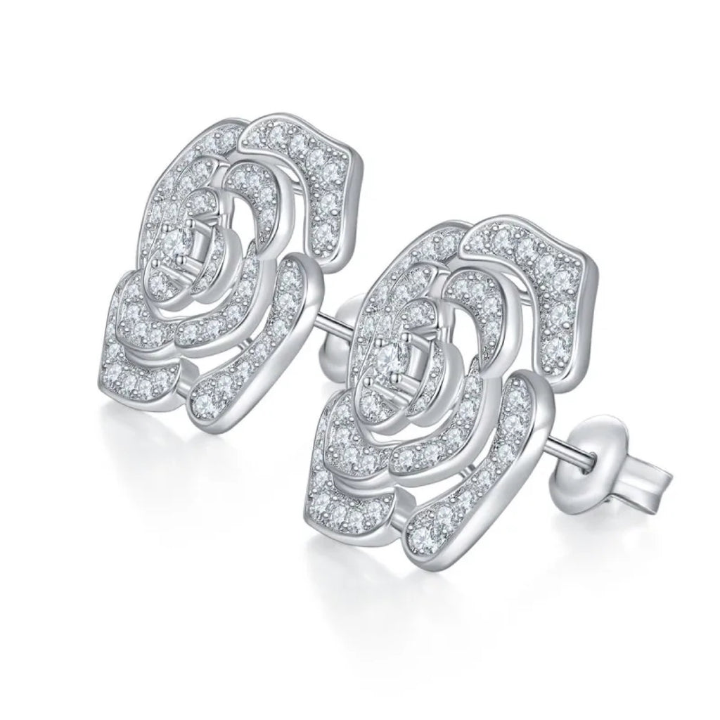 Camellia Moissanite Flower Stud Earrings in Sterling Silver