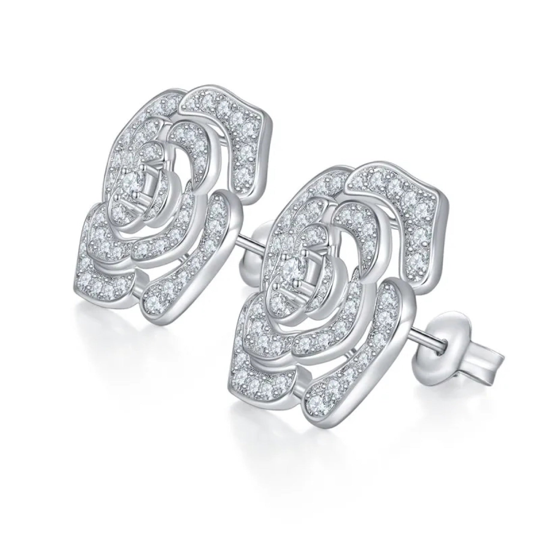 Camellia Moissanite Flower Stud Earrings in Sterling Silver