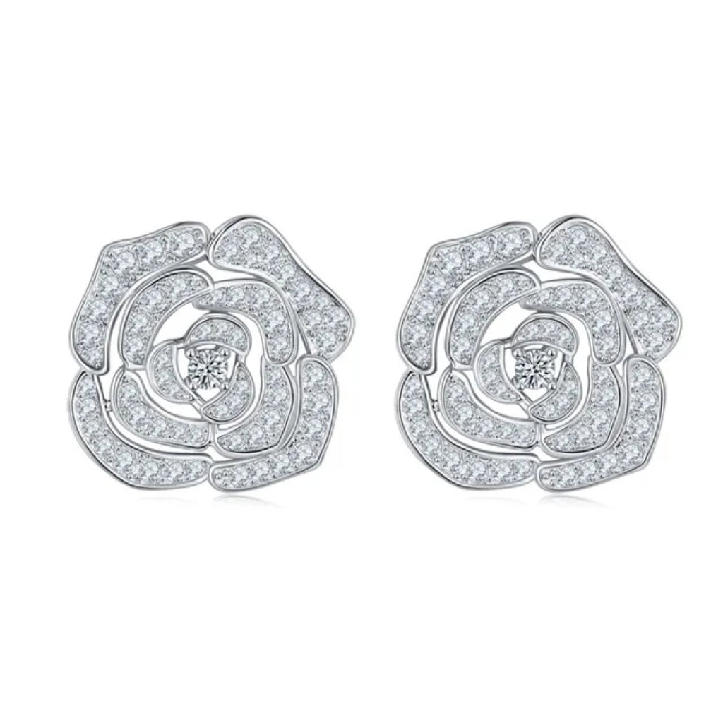 Camellia Moissanite Flower Stud Earrings in Sterling Silver