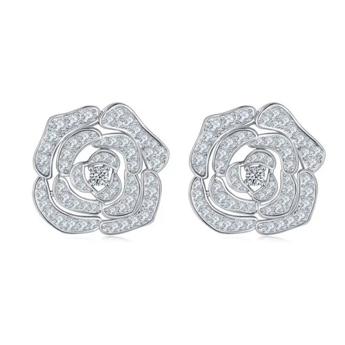 Camellia Moissanite Flower Stud Earrings in Sterling Silver