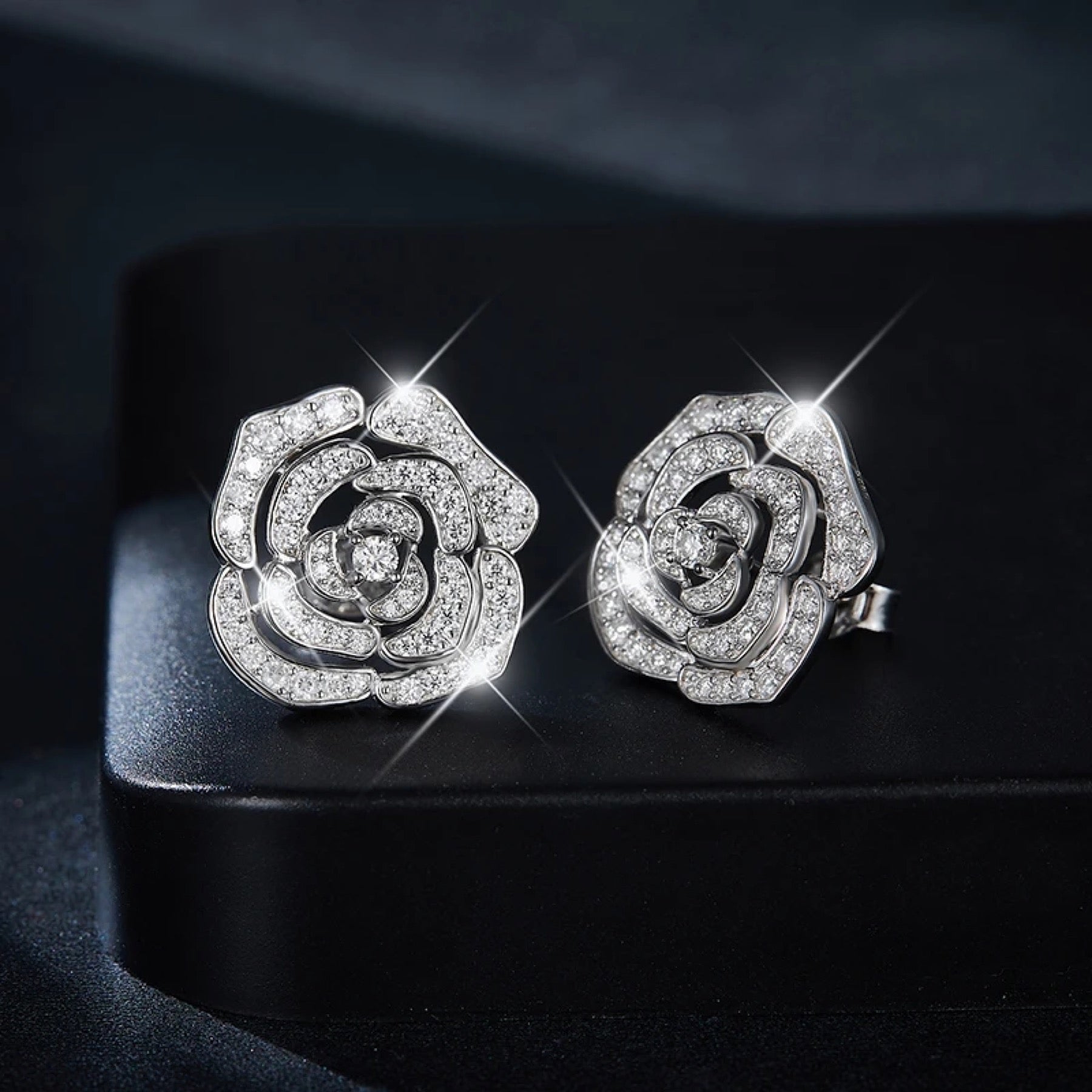 Camellia Moissanite Flower Stud Earrings in Sterling Silver