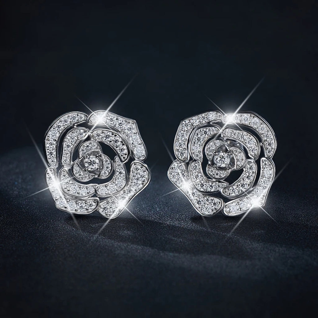 Camellia Moissanite Flower Stud Earrings in Sterling Silver