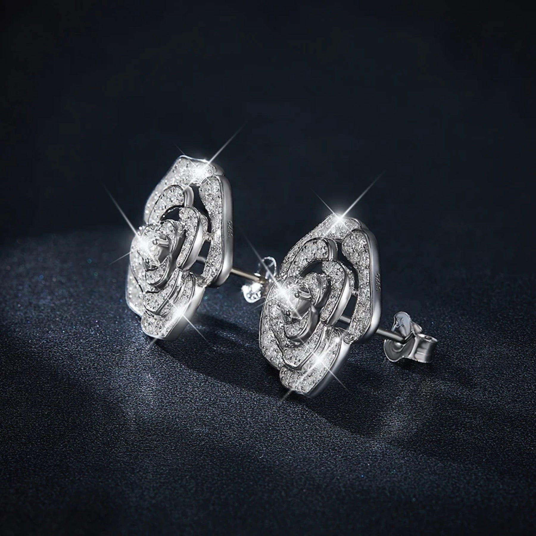 Camellia Moissanite Flower Stud Earrings in Sterling Silver