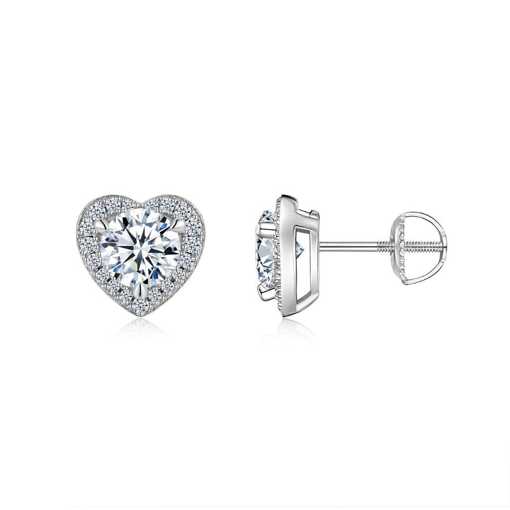 Adora Moissanite Heart Halo Stud Earrings in Sterling Silver