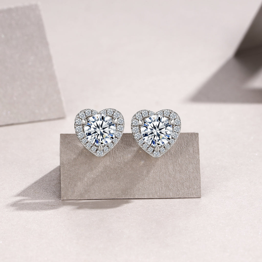 Adora Moissanite Heart Halo Stud Earrings in Sterling Silver