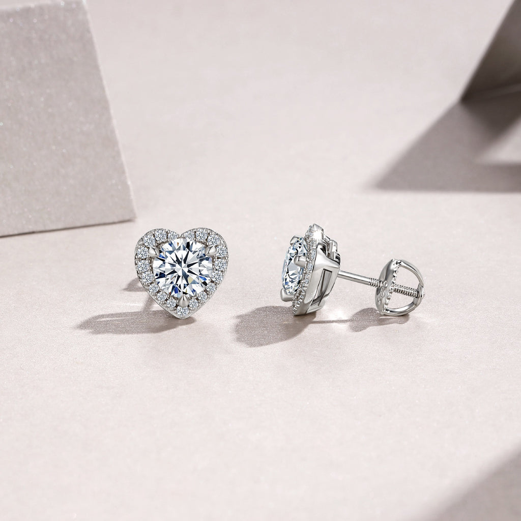Adora Moissanite Heart Halo Stud Earrings in Sterling Silver