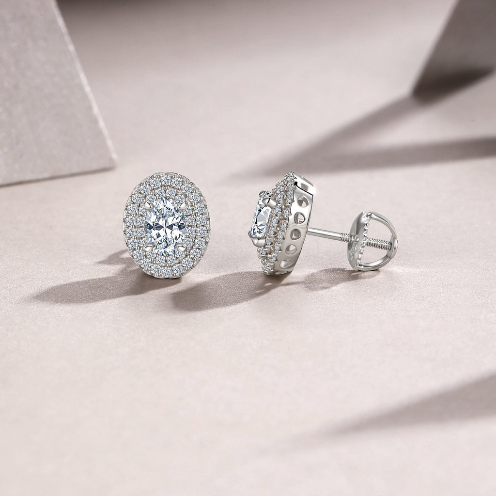 Olivia Moissanite Oval Halo Stud Earrings in Sterling Silver
