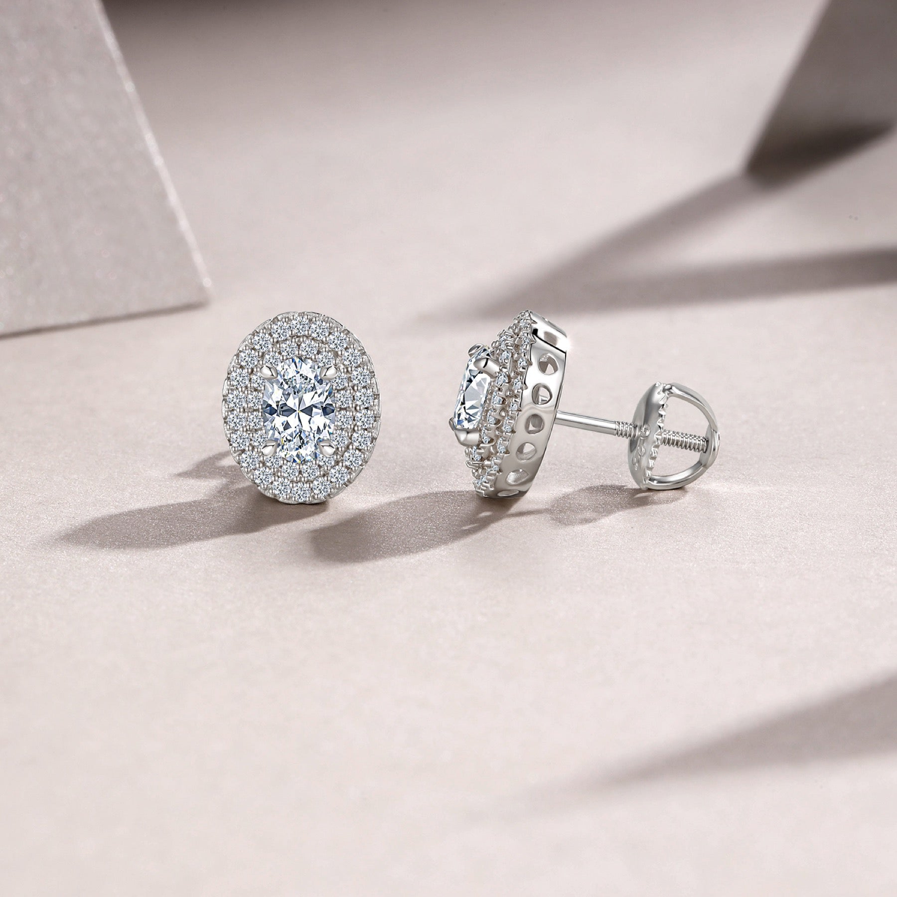 Olivia Moissanite Oval Halo Stud Earrings in Sterling Silver