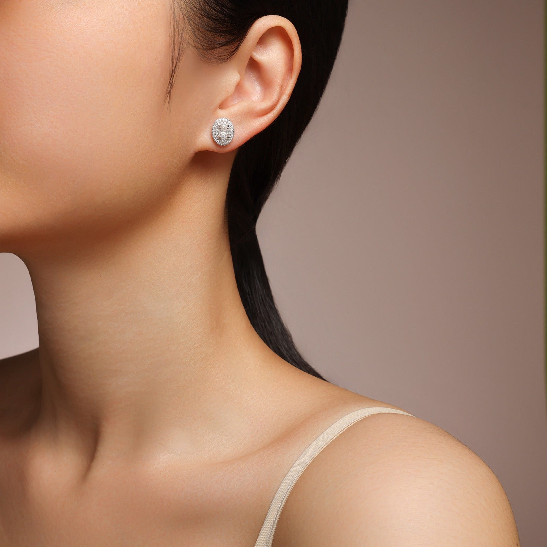 Olivia Moissanite Oval Halo Stud Earrings in Sterling Silver