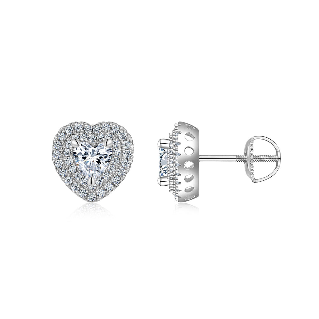 Cherie Moissanite Heart Halo Stud Earrings in Sterling Silver