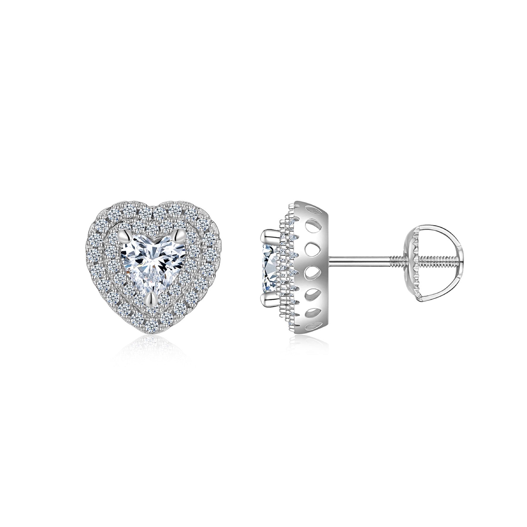 Cherie Moissanite Heart Halo Stud Earrings in Sterling Silver