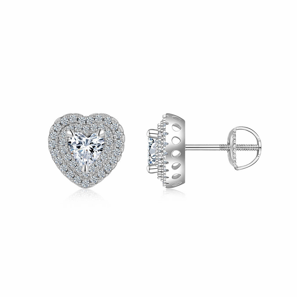 Cherie Moissanite Heart Halo Stud Earrings in Sterling Silver