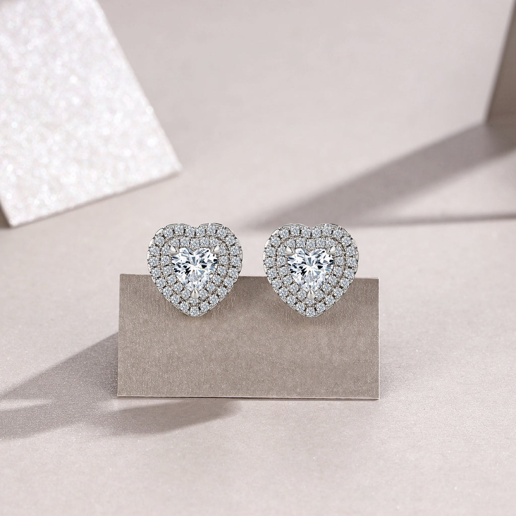 Cherie Moissanite Heart Halo Stud Earrings in Sterling Silver