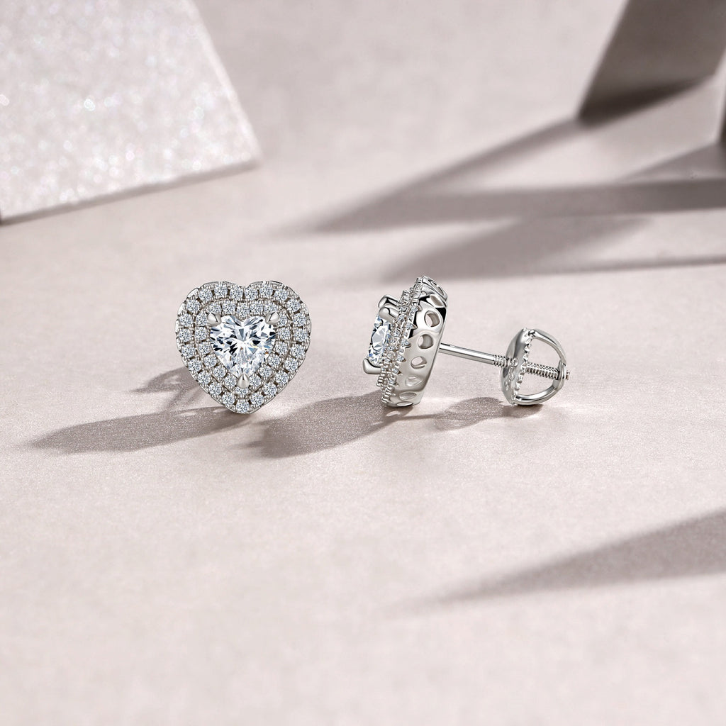 Cherie Moissanite Heart Halo Stud Earrings in Sterling Silver