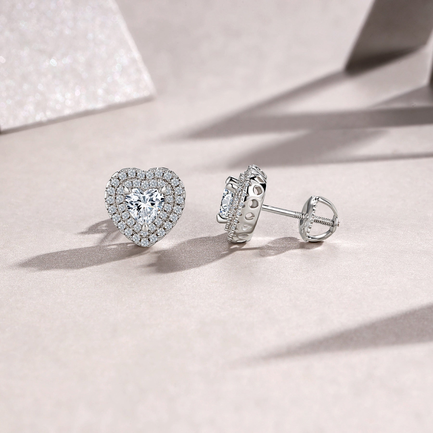 Cherie Moissanite Heart Halo Stud Earrings in Sterling Silver