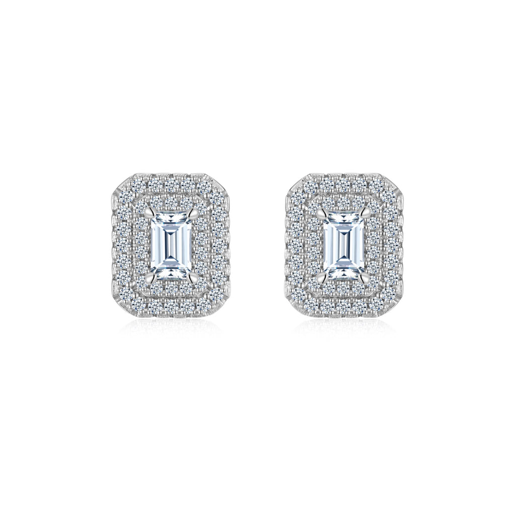 Emeraude Moissanite Emerald Halo Stud Earrings in Sterling Silver