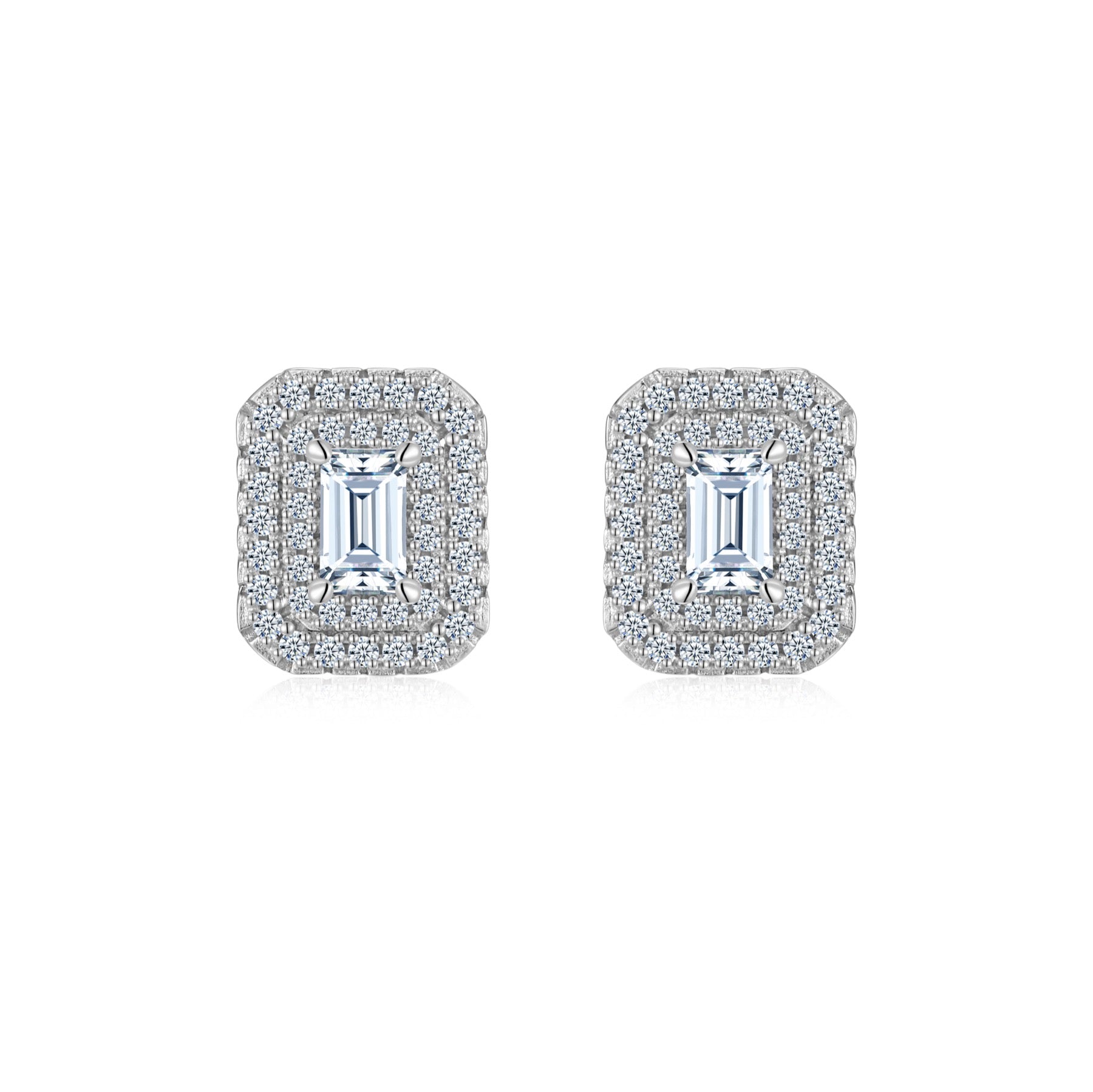 Emeraude Moissanite Emerald Halo Stud Earrings in Sterling Silver