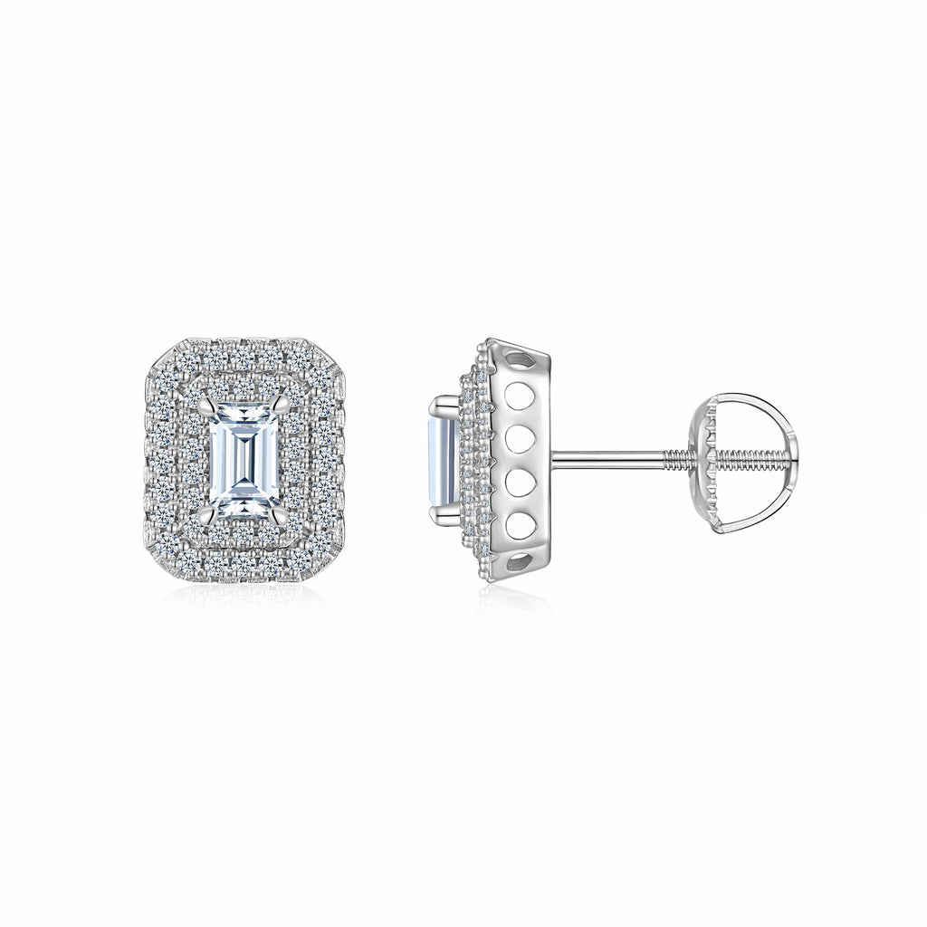 Emeraude Moissanite Emerald Halo Stud Earrings in Sterling Silver