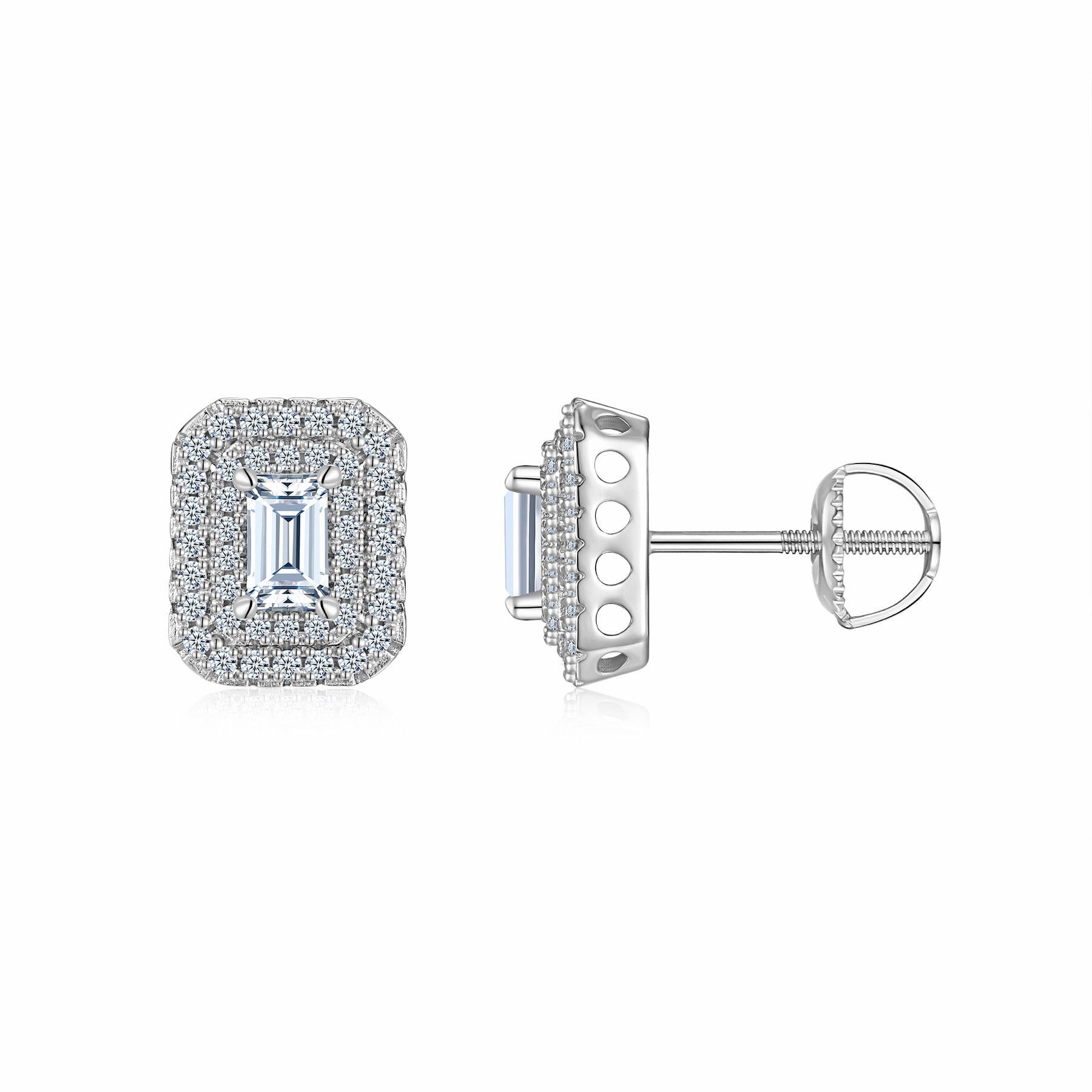 Emeraude Moissanite Emerald Halo Stud Earrings in Sterling Silver