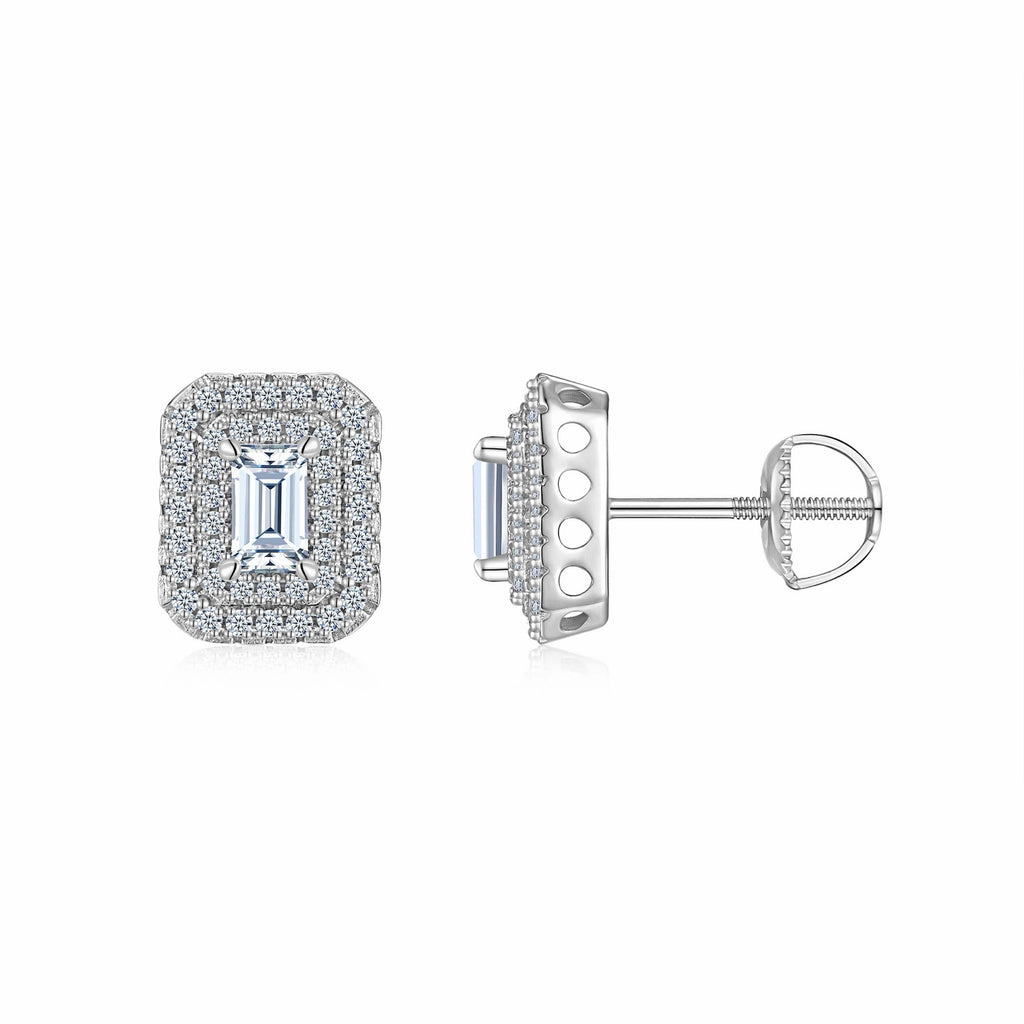 Emeraude Moissanite Emerald Halo Stud Earrings in Sterling Silver