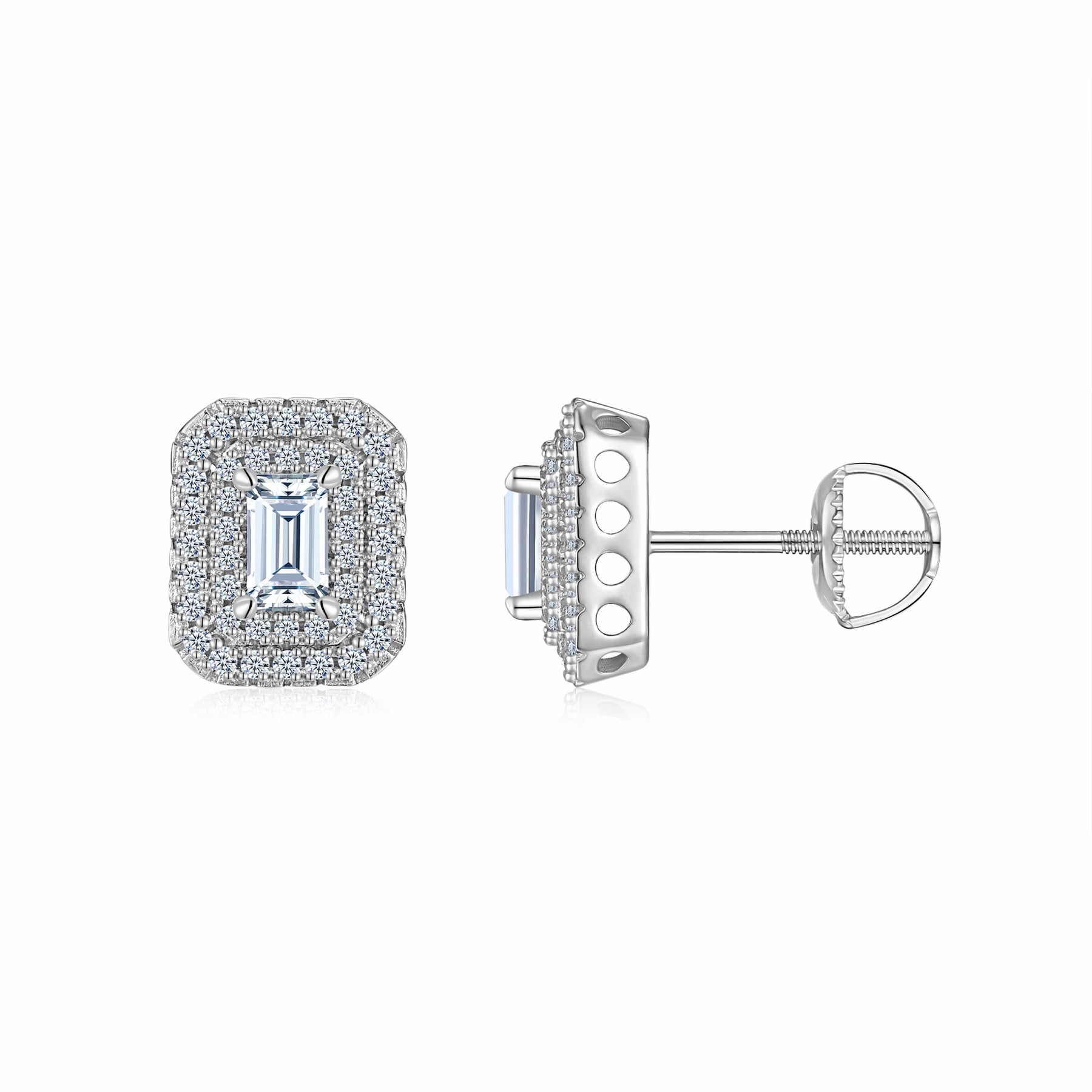 Emeraude Moissanite Emerald Halo Stud Earrings in Sterling Silver