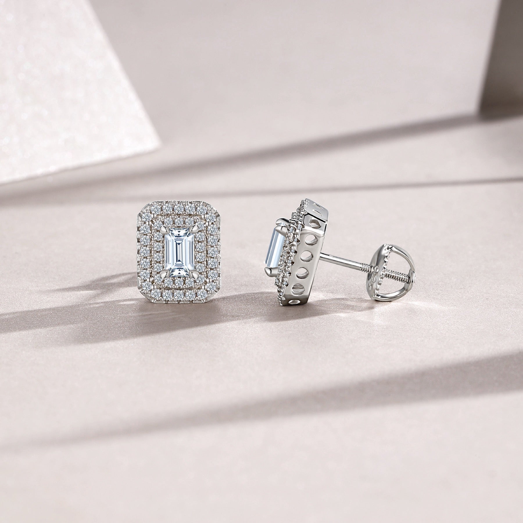 Emeraude Moissanite Emerald Halo Stud Earrings in Sterling Silver