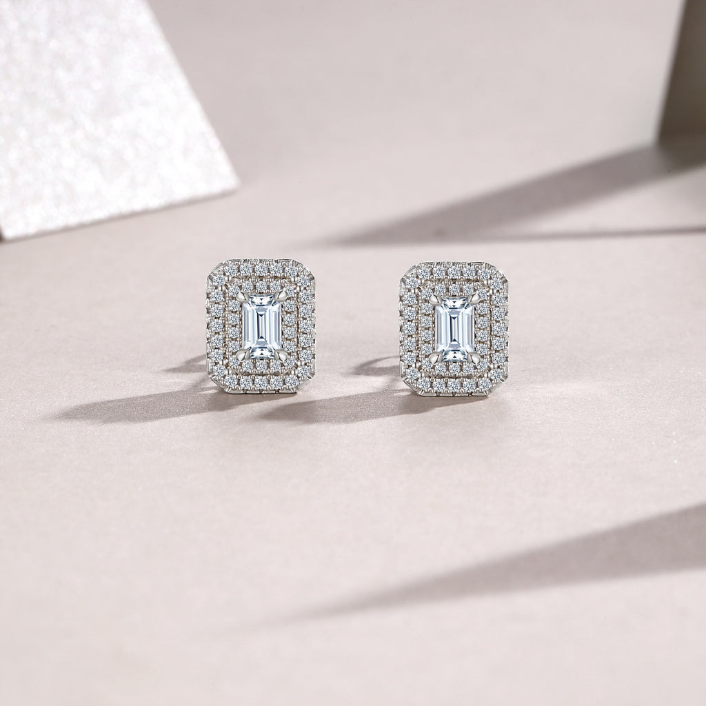 Emeraude Moissanite Emerald Halo Stud Earrings in Sterling Silver