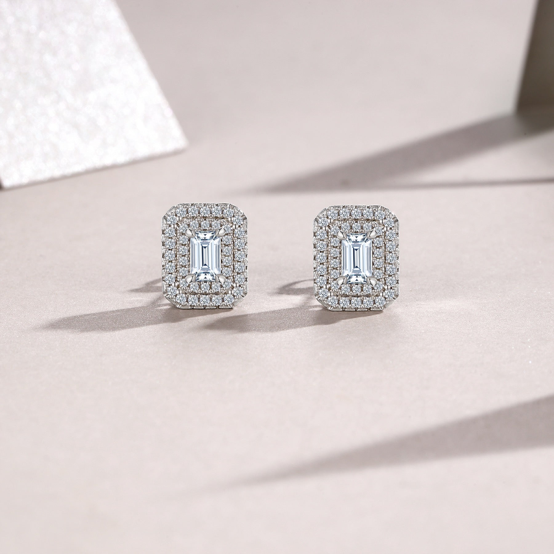 Emeraude Moissanite Emerald Halo Stud Earrings in Sterling Silver