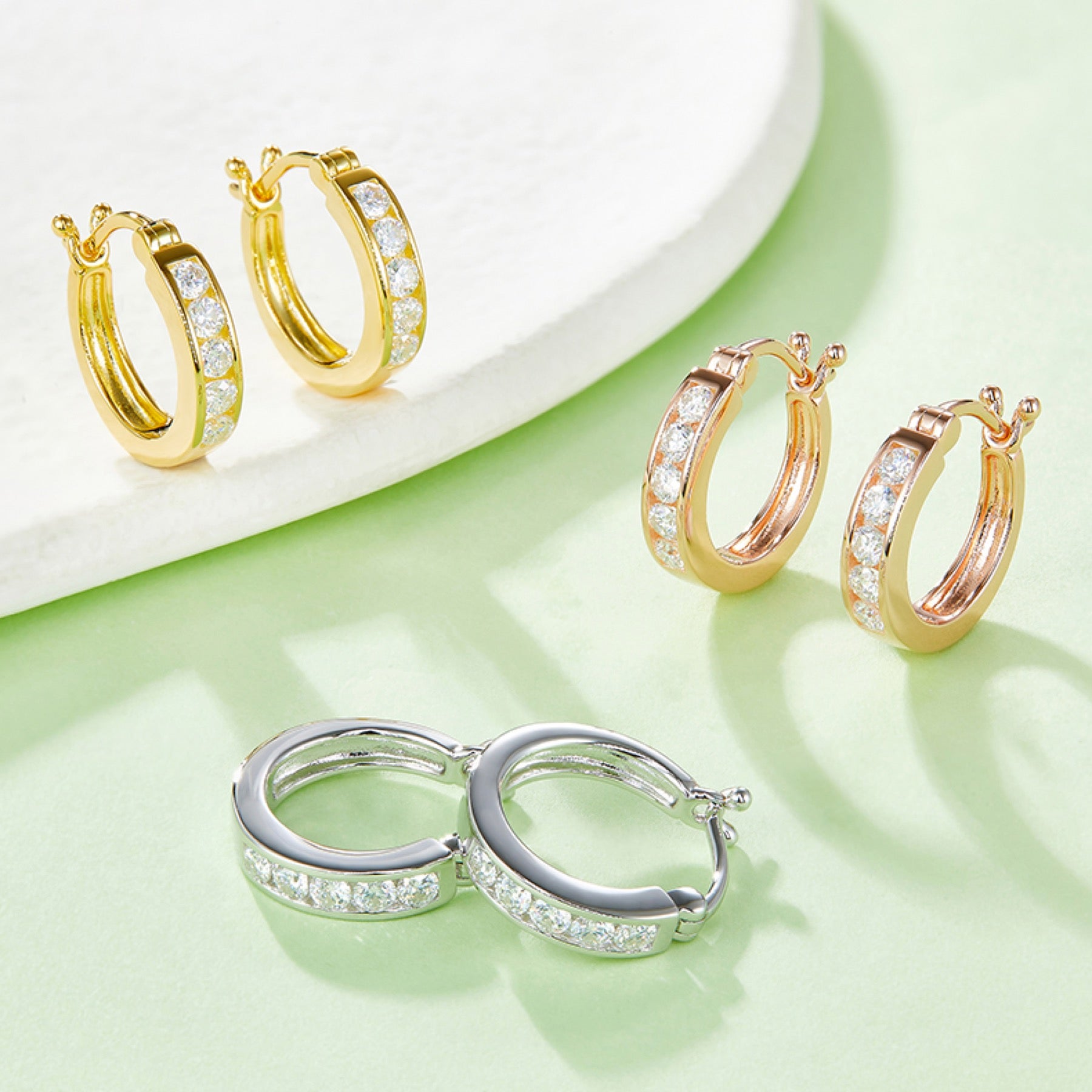 Station Moissanite Huggie Hoop Earrings in Sterling Silver