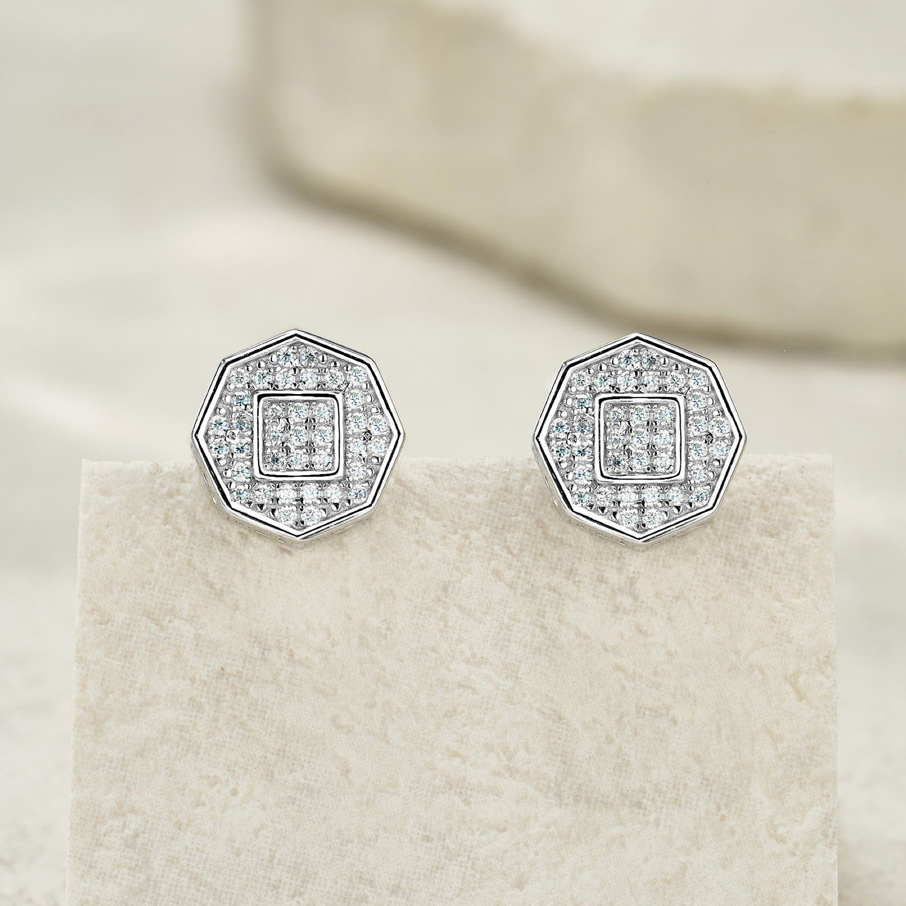 Octet Moissanite Pavé Stud Earrings in Sterling Silver