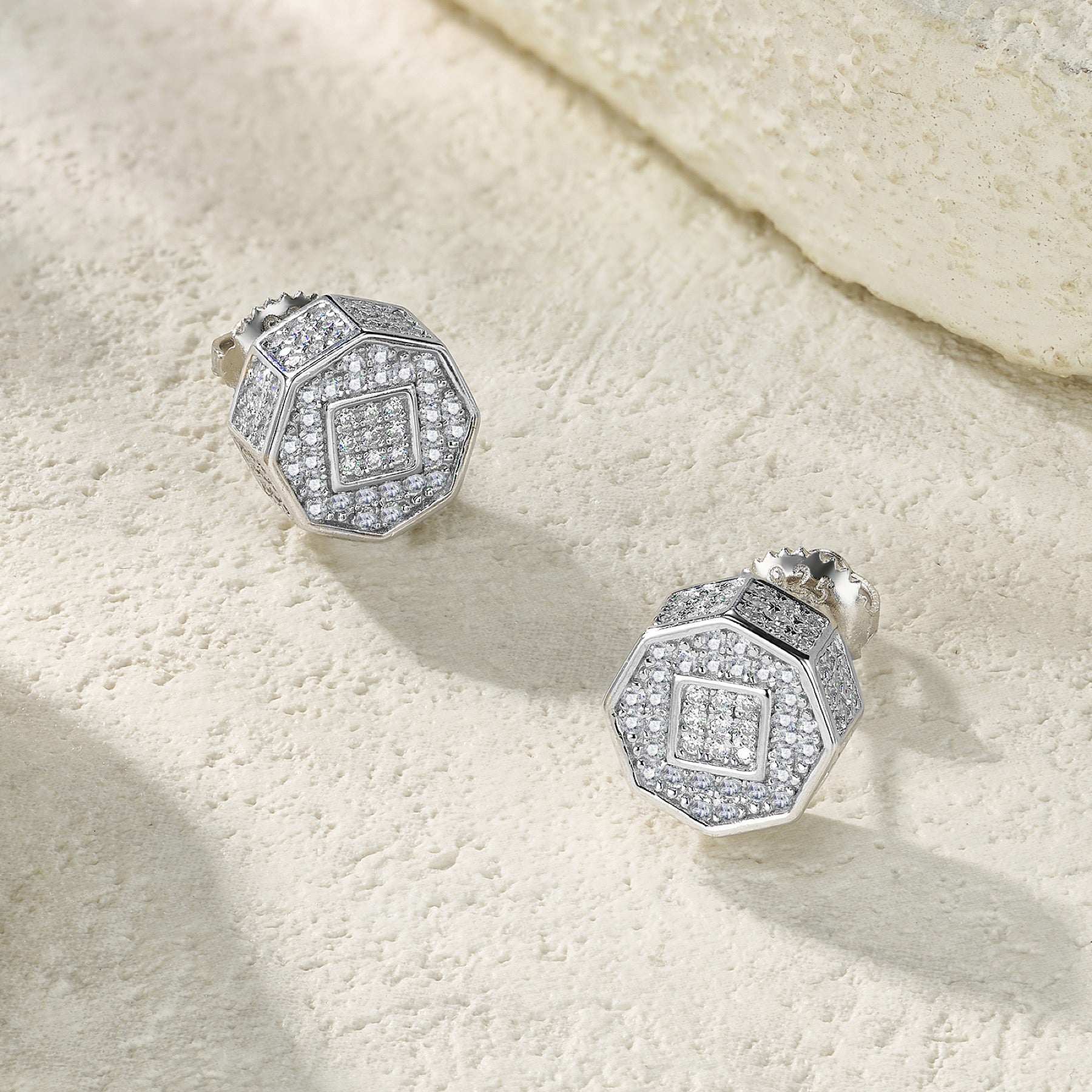 Octet Moissanite Pavé Stud Earrings in Sterling Silver