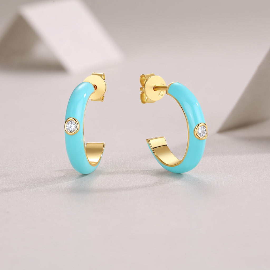 Azur Moissanite Enamel Hoop Earrings in Gold-Tone Sterling Silver