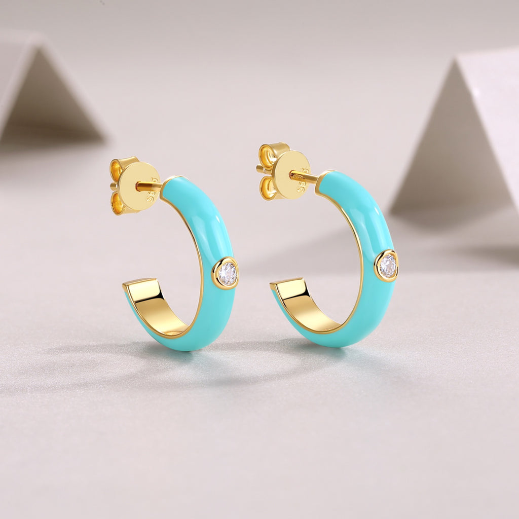 Azur Moissanite Enamel Hoop Earrings in Gold-Tone Sterling Silver