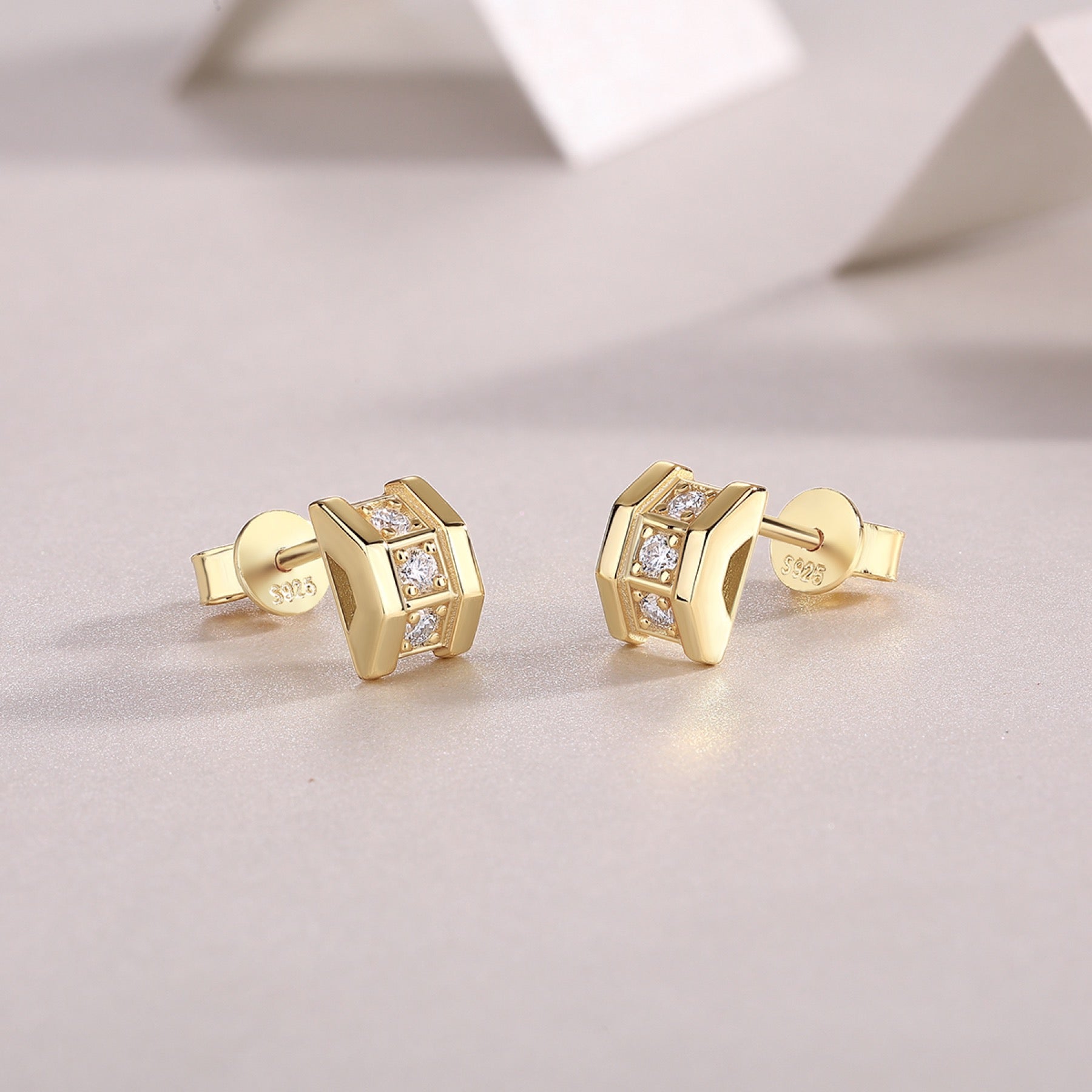 Quadretto Moissanite Geometric Stud Earrings in Gold-Tone Sterling Silver