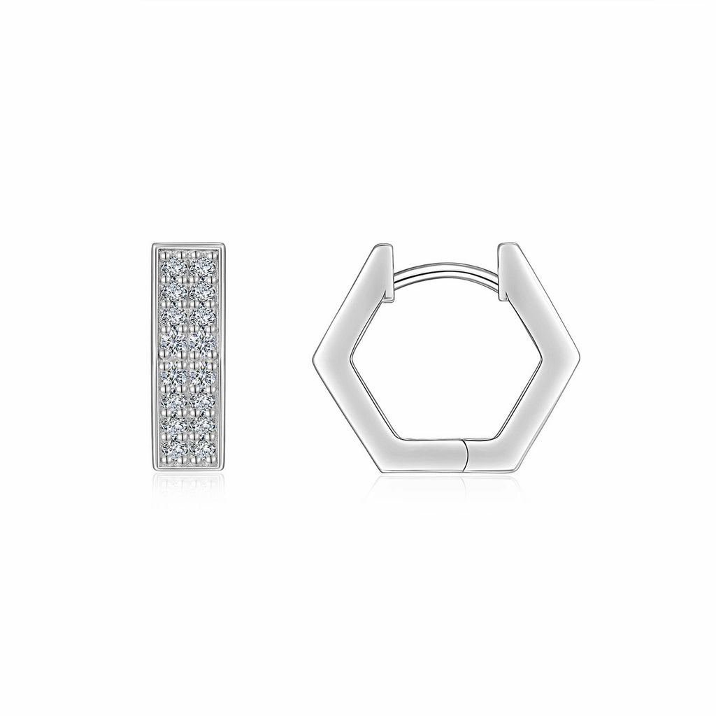 Honeycomb Moissanite Hexagon Huggie Hoop Earrings in Sterling Silver