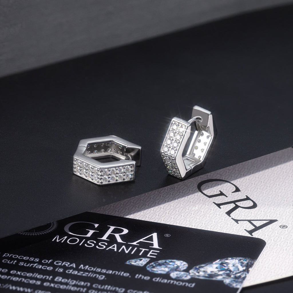 Honeycomb Moissanite Hexagon Huggie Hoop Earrings in Sterling Silver