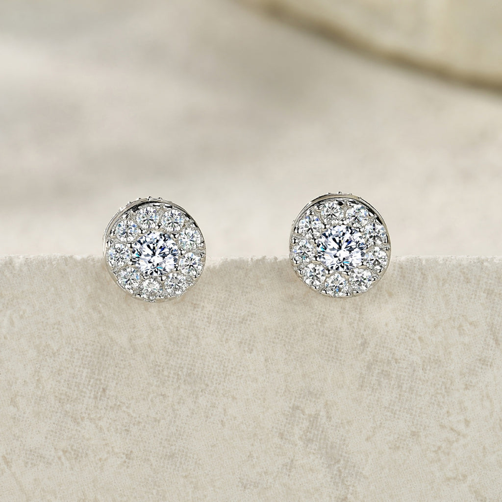 Dot Moissanite Halo Stud Earrings in Sterling Silver