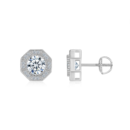 Bevil Moissanite Octagon Halo Stud Earrings in Sterling Silver
