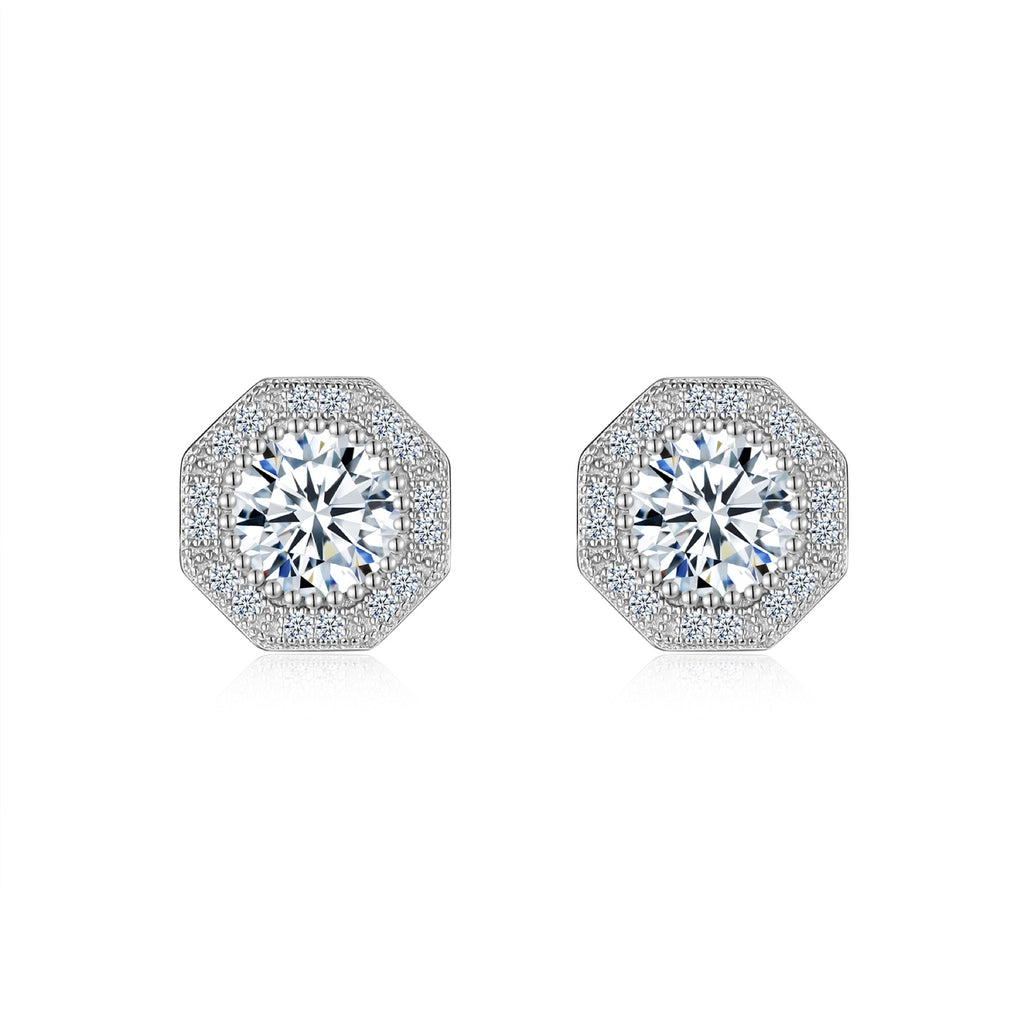 Bevil Moissanite Octagon Halo Stud Earrings in Sterling Silver