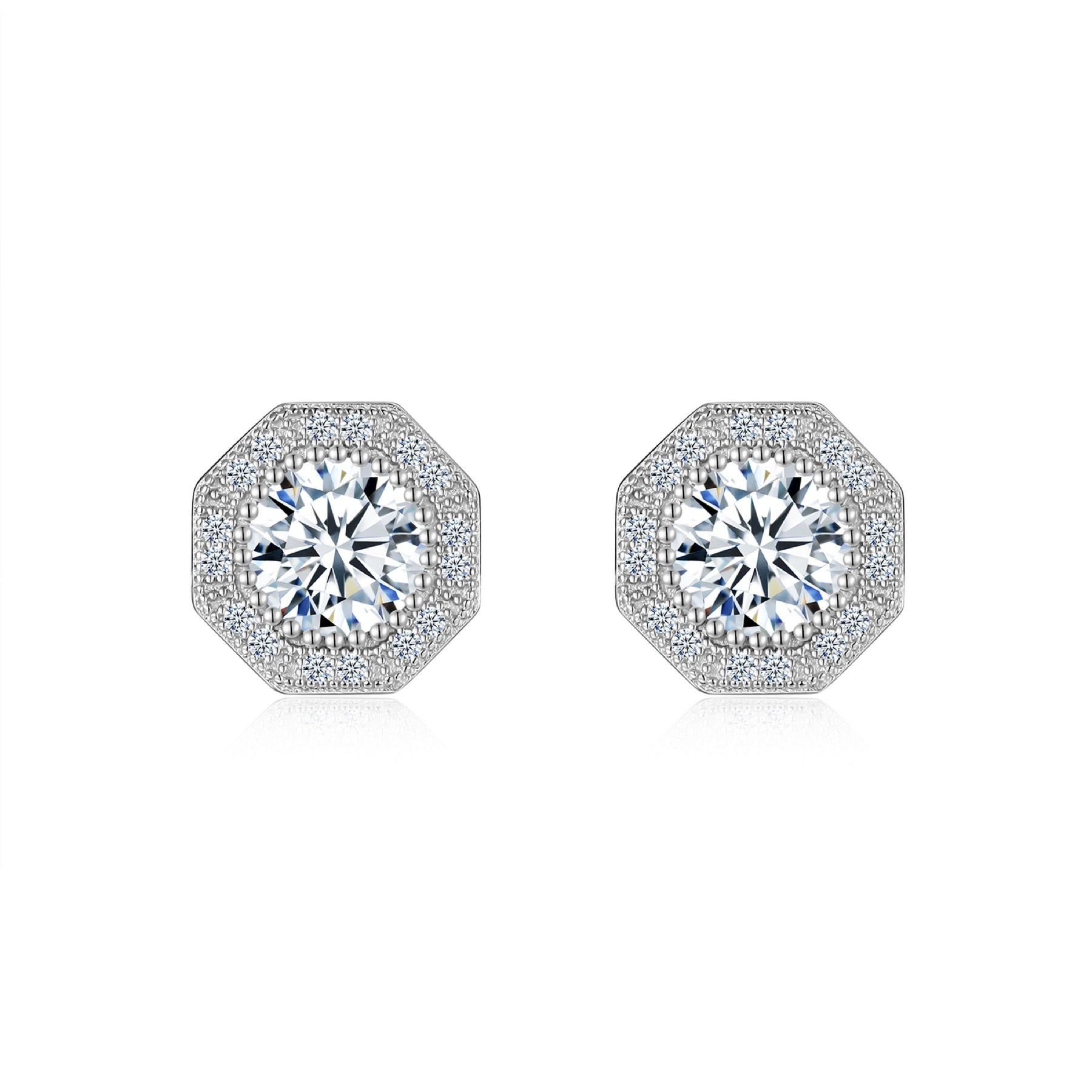 Bevil Moissanite Octagon Halo Stud Earrings in Sterling Silver